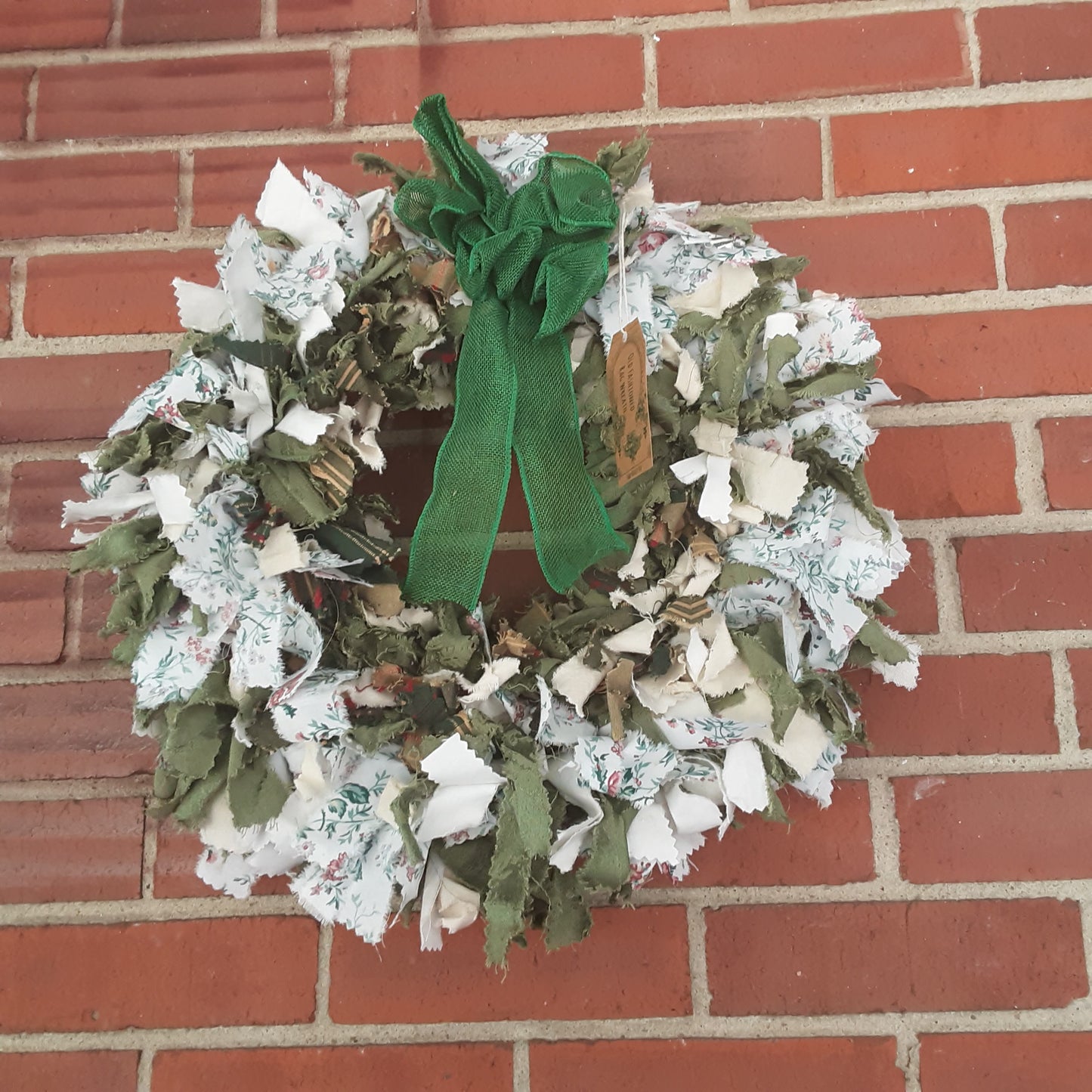 Victorian Christmas Handmade Rag Wreath - Upcycled Fabric in Green Florals