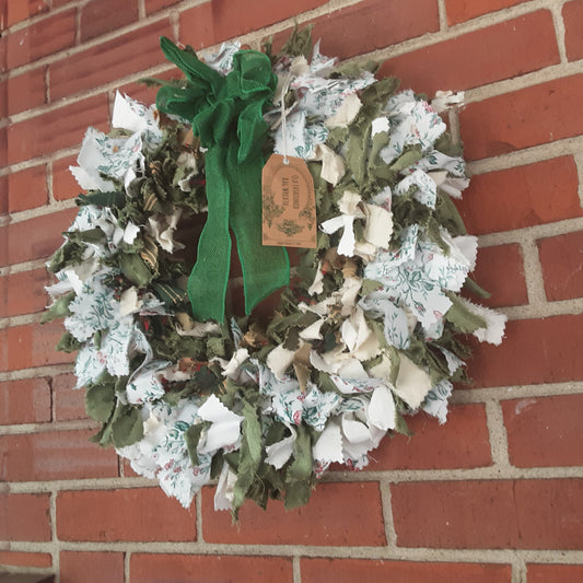 Victorian Christmas Handmade Rag Wreath - Upcycled Fabric in Green Florals