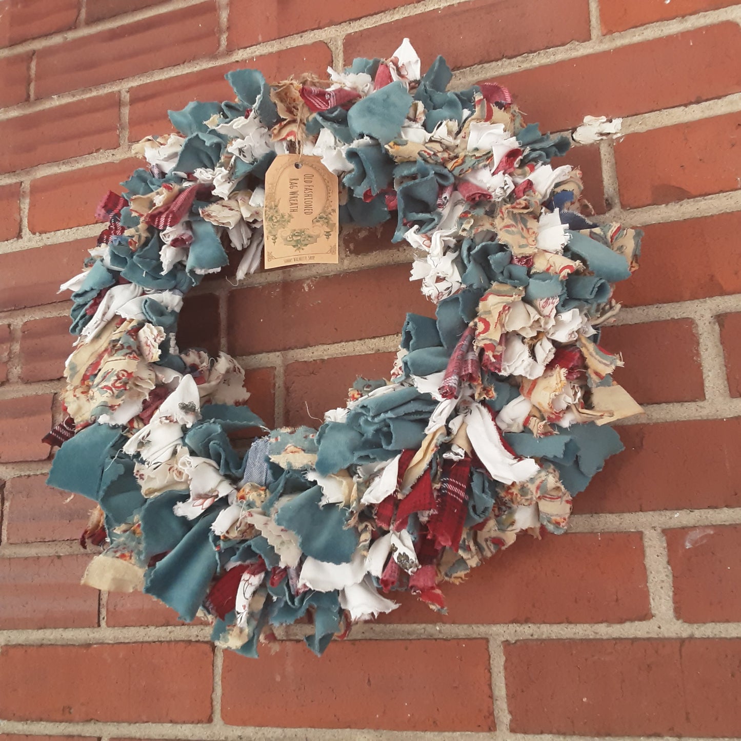 Victorian Handmade Rag Wreath,  Blue Theme